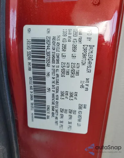 2006 Dodge Grand Caravan Sxt z USA, uszkodzony, nr VIN 2D8GP44L36R726540